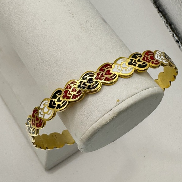 Gold tone heart bangle bracelet with red black white enamel inlay - Picture 8 of 13